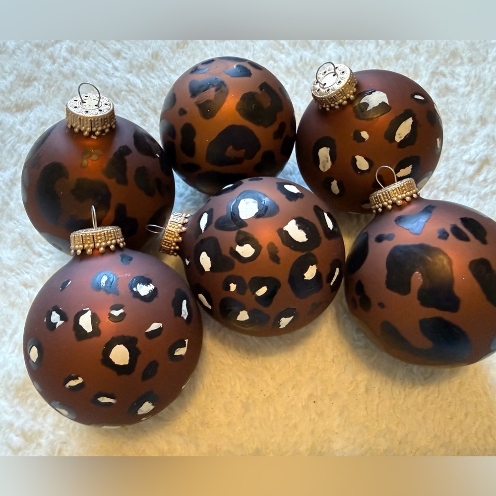 Leopard Print Brown Glass Holiday Ornaments - Set of 6